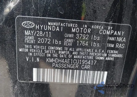 2012 Hyundai Elantra Limited (Ulsan Plant) z USA, uszkodzony, nr VIN KMHDH4AE1CU195417